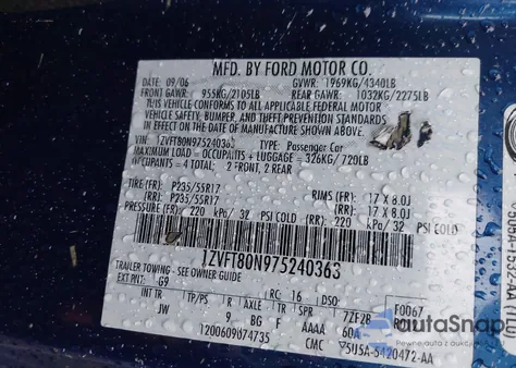 2007 Ford Mustang V6 Deluxe/V6 Premium z USA, uszkodzony, nr VIN 1ZVFT80N975240363